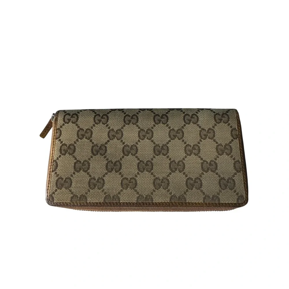 Vintage Gucci GG‎ Monogram Zip Around Y2K Wallet Brown Beige Canvas Leather - Picture 2 of 9